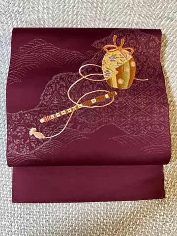 나고야 오비 와인 레드 일본풍 무늬