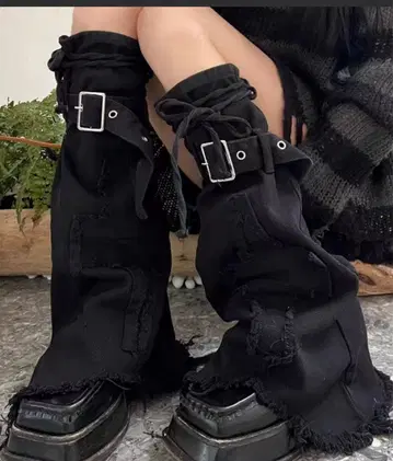 블랙 데님 프린지 레그 워머 Y2K