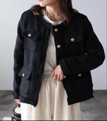 ap retro 트위드 포켓 노카라 자켓 블랙