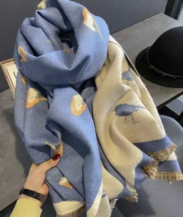 새 패턴 대형 스톨 파랑과 베이지 작은 새