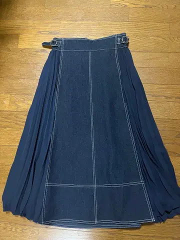 네이비 데님 플리츠 스커트 허리 벨트 포함