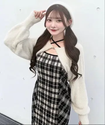 NOMAE 샤기 볼레로 롱 체크 원피스 베이지 체크