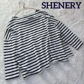 SHENERY 시너리 보더 코튼 니트 슬릿 화이트 x 네이비 면