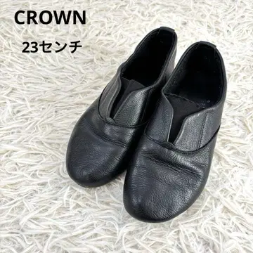 CROWN 천연 가죽 로우힐 슬립온 라운드토 블랙 플랫 슈즈