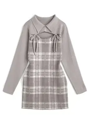 체크 무늬 프론트 오픈 리본 니트 미니 원피스