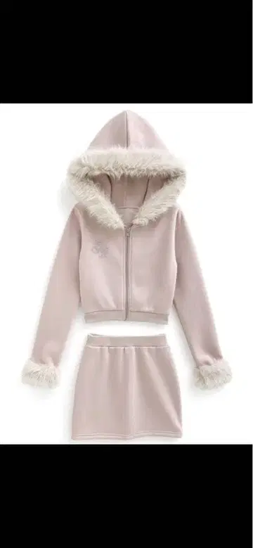 플리스 후드 부착 핑크 스커트 셋업