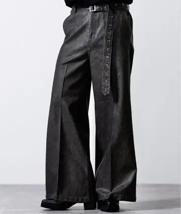 [ CLEL ] 빈티지 디자인 벨트 플레어 인조 가죽 팬츠