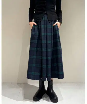 AMAIL 다크 그린 체크 롱 플리츠 스커트