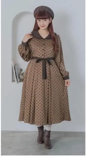 시마미사 브라운 도트 무늬 롱 원피스