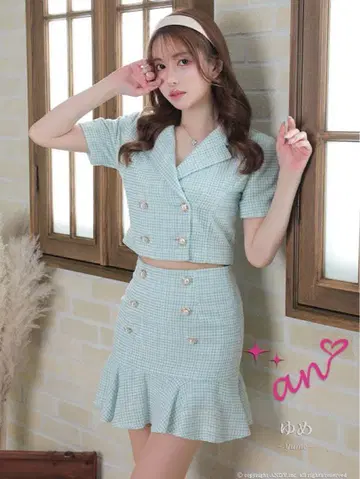 깅엄 체크 카라 부착 펄 버튼 셋업 핑크