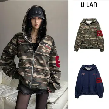 [ U LAN ] zip up 카모플라쥬 후디 패치워크 카키