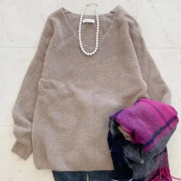 새상품급 라운지 드레스 캐시미어 100% 꽈배기 V넥 니트 브라운