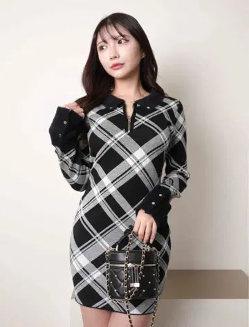 LIPSERVICE 페더 컬러 체크 니트 원피스 믹스 1