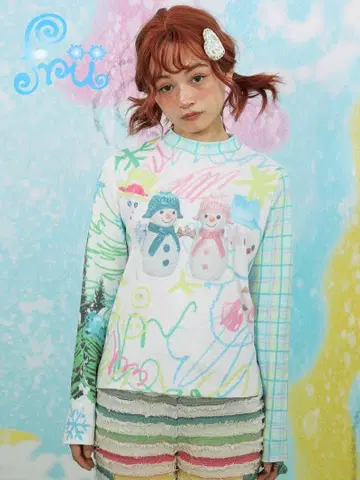 y2k 헤이세이 갸루 컬러풀 파랑 긴팔 T셔츠 귀여운 패턴 티셔츠 00s