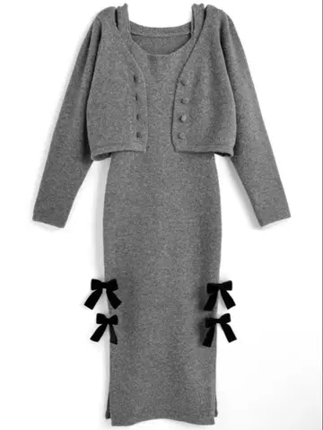 GRL 니트 가디건 x 벨로아 리본 슬릿 원피스 셋업