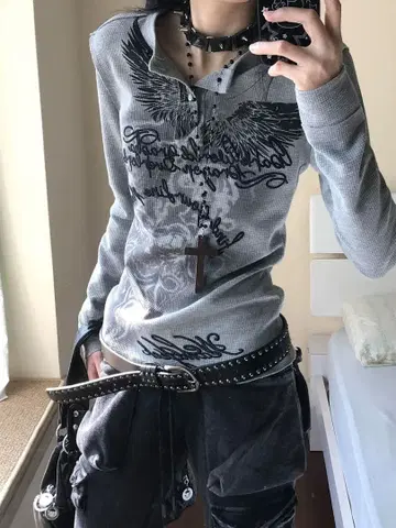 y2k 헤이세이 갸루 니트 티셔츠 00s punk풍 그레이 긴팔 티셔츠
