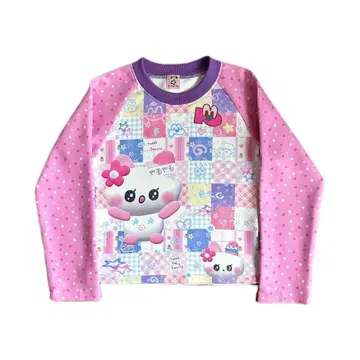 y2k 헤이세이 갸루 핑크 긴팔 티셔츠 인물 패턴 패치워크 티셔츠 00s