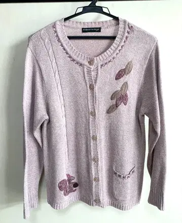 앤티크 가디건 더스티 핑크 니트 포켓 자수 가을 다람쥐 스티치