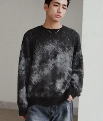 [ WYM ] 모헤어 블렌드 자카드 샤기 니트 남성용 니트 블랙