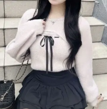 페더 리브 데콜테 오픈 니트 핑크