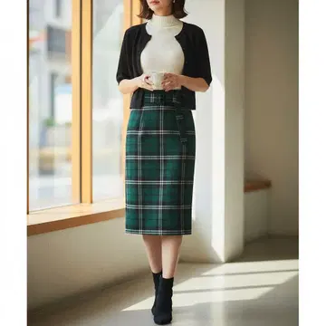 [일본제] JUSGLITTY 벨트 울 100 체크 타이트 스커트