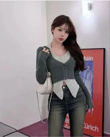 QUNG 레이어드 가디건 룩 스모크 카키