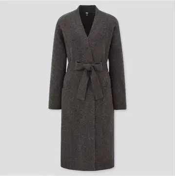 새상품 유니클로 수플레얀 벨티드 롱 니트 코트 다크 그레이 M