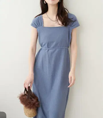 리본 벨트 원피스 내추럴 꾸뛰르 블루
