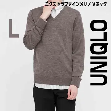 L 엑스트라 파인 메리노 V넥 스웨터 긴팔 UNIQLO 브라운