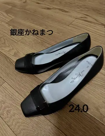 [ 새상품급 ] 긴자 카네마츠 스퀘어투 천연 가죽 펌프스 블랙 24.0