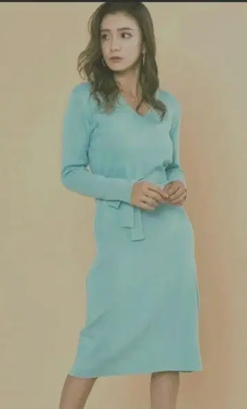 DURAS 스카이블루 V넥 허리 리본 원피스