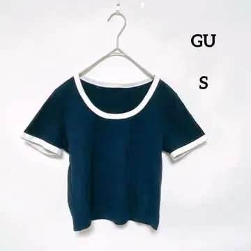 GU 바이컬러 리브T셔츠 네이비 S사이즈 반팔 지유