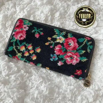 새상품급 FEILER 페이 가죽 장지갑 꽃무늬 라운드 지퍼 블랙 금