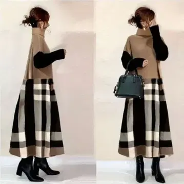 미사용 새상품 겨울 두꺼운 원단 체크 무늬 니트 롱 원피스 L 사이즈