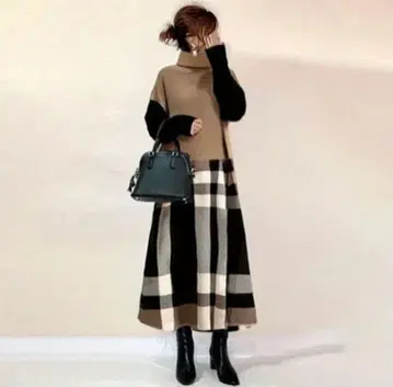 미사용 새상품 겨울 두꺼운 원단 체크 무늬 니트 롱 원피스 L 사이즈