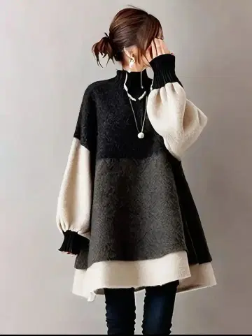 미사용 새상품 겨울 두꺼운 원단 벌룬 슬리브 튜닉 블랙/화이트 L 사이즈