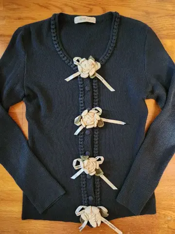 KANEKO ISAO 블랙 꽃 모티브 리브 니트 가디건 면 100% F