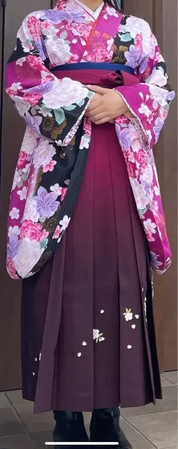 보라색 블랙 플라워 무늬 하카마 스타일 기모노 졸업식 핑크 연보라 크림슨