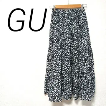 GU 플라워 프린트 플레어 스커트 네이비 S 캐주얼 안감 부착