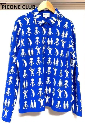 Picone CLUB 인물 패턴 긴팔 블루 골프웨어 피케 셔츠 L 사이즈