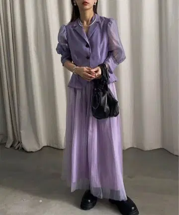 PEPLUM LINE 쉬폰 스커트 세트 드레스 보라색 M