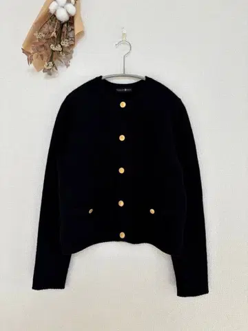 Takashimaya 노카라 니트 자켓 가디건 블랙 금장 버튼