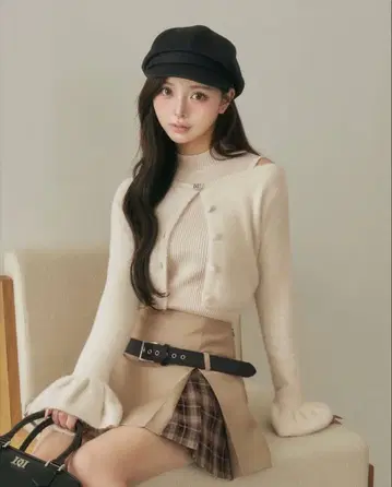 앙상블 샤기 니트탑 F 체크 도킹 미니 스커트 S