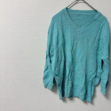 한 점뿐인 여성용 꽃무늬 자수 V넥 긴팔 니트 터콰이즈