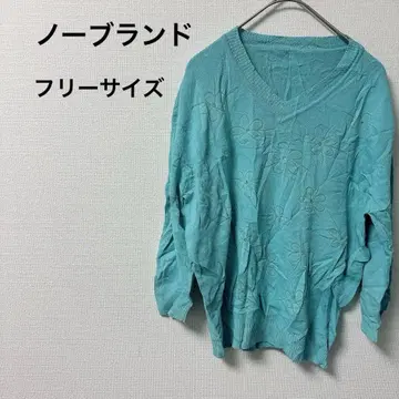 한 점뿐인 여성용 꽃무늬 자수 V넥 긴팔 니트 터콰이즈