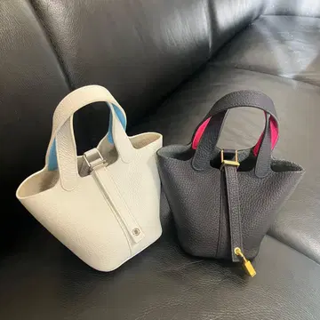 천연 가죽 큐브 백 화이트 네이비