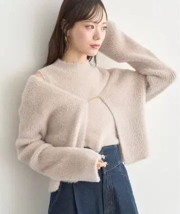 SET 2점 참 포함 샤기 니트 + 이너 핑크 베이지