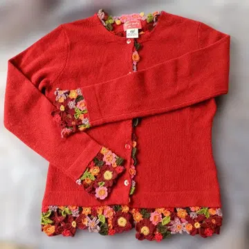 가디건 M 빨간 꽃 레이스 여성용 울 털실