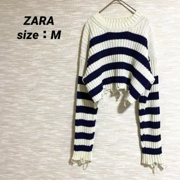 ZARA 크롭 데미지 니트 [ M ] 긴팔 코튼 보더 0666