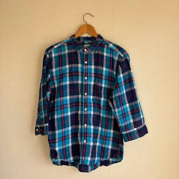 백넘버 7부 소매 린넨 셔츠 Right-on 체크 무늬 L 사이즈